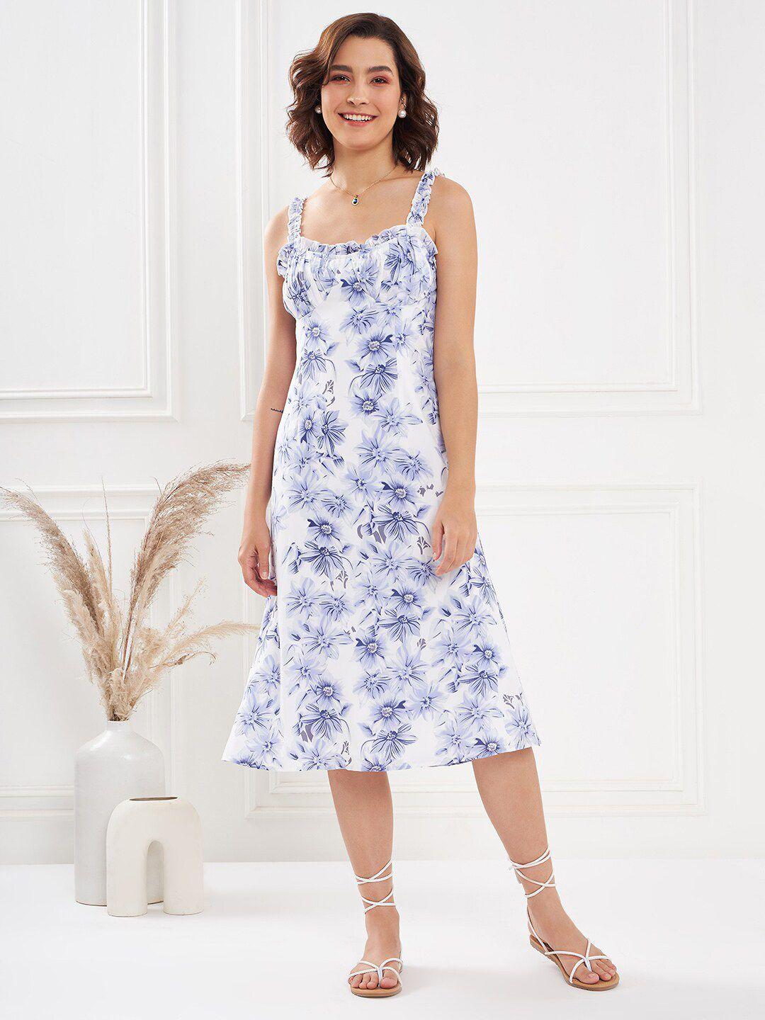 kassually blue floral print georgette a-line midi dress