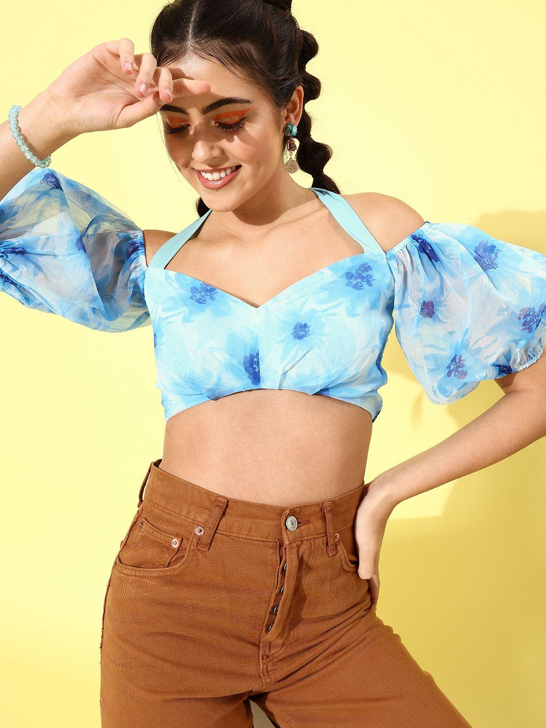 kassually blue floral print halter neck smocked crop top