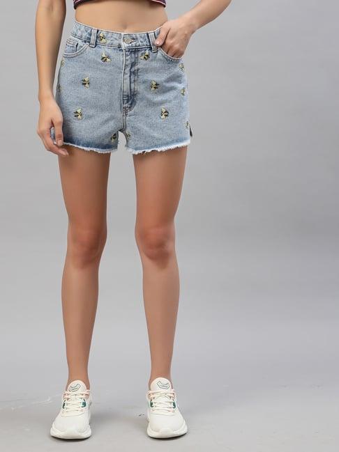 kassually blue printed mid rise shorts