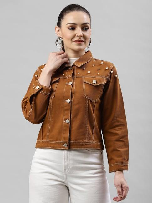 kassually brown cotton embellished denim jacket