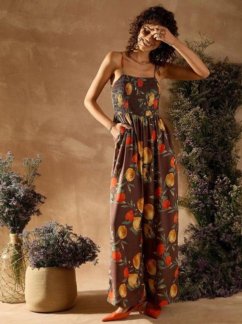 kassually brown printed maxi jumpsuit