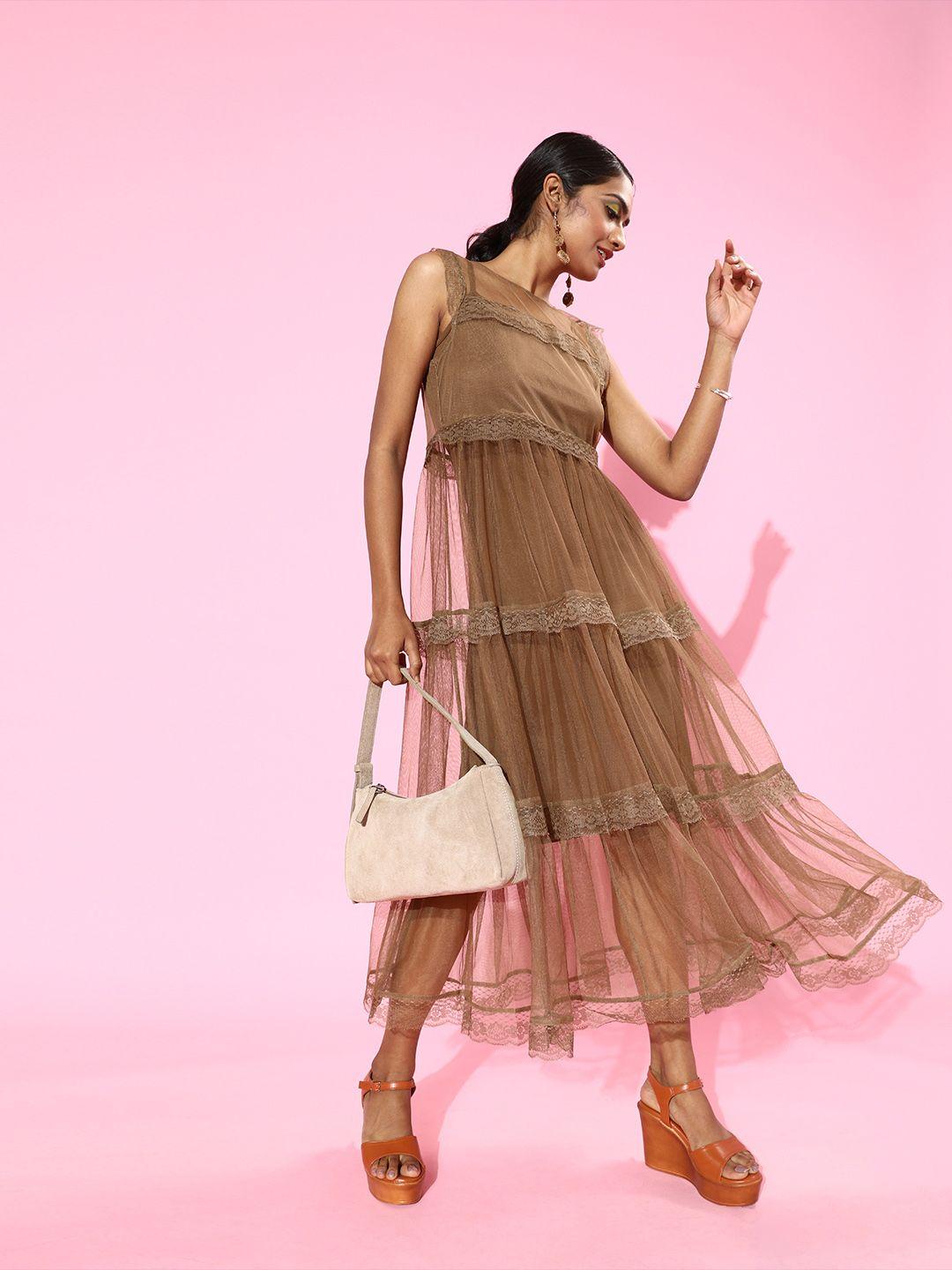 kassually brown solid tulle tiered maxi dress