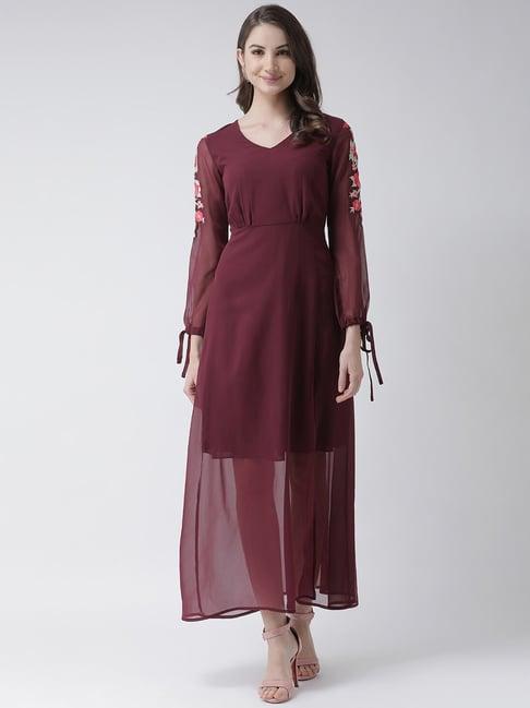 kassually burgundy floral print regular fit dress