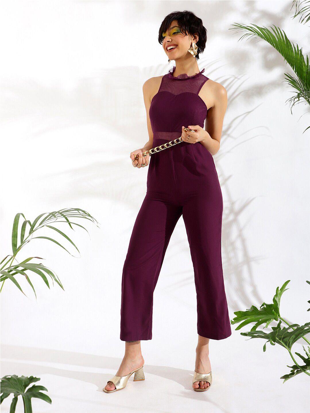 kassually burgundy halter neck basic jumpsuit with ruffles