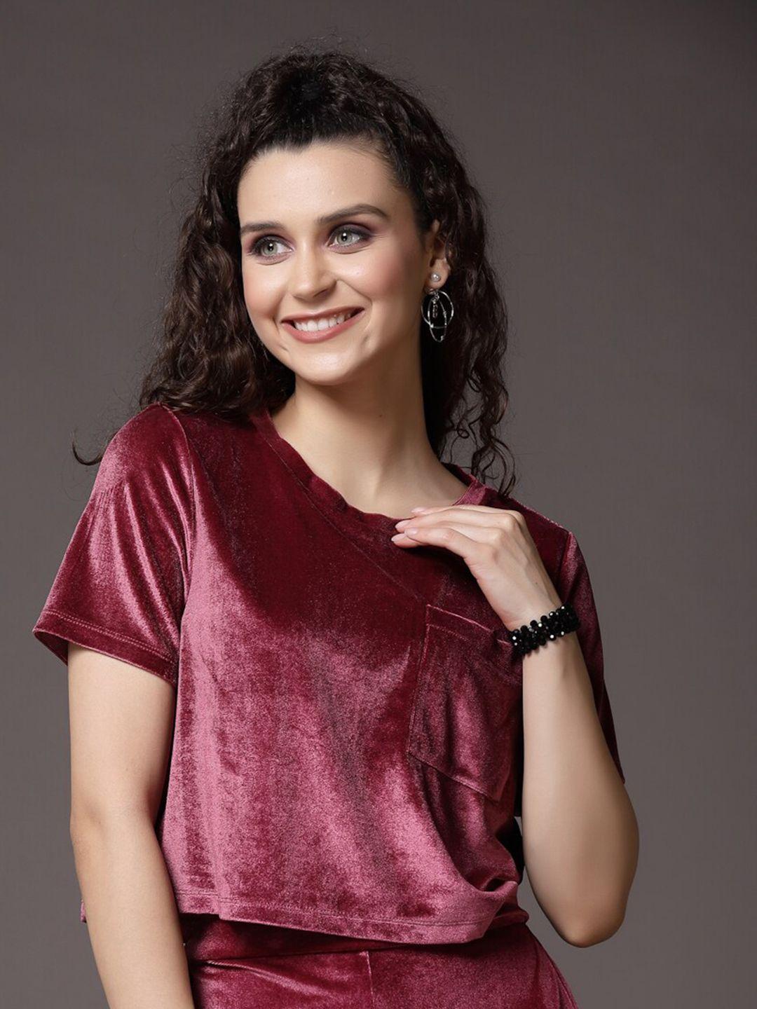 kassually burgundy velvet round neck top