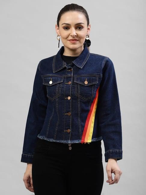 kassually dark blue cotton relaxed fit denim jacket