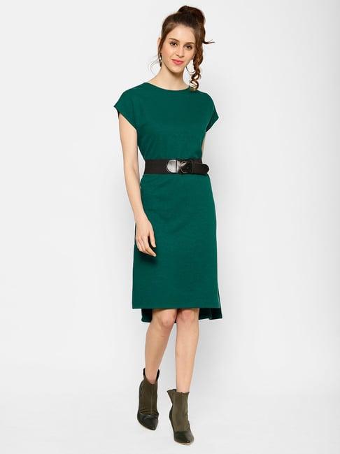 kassually dark green cotton relaxed fit a line dress