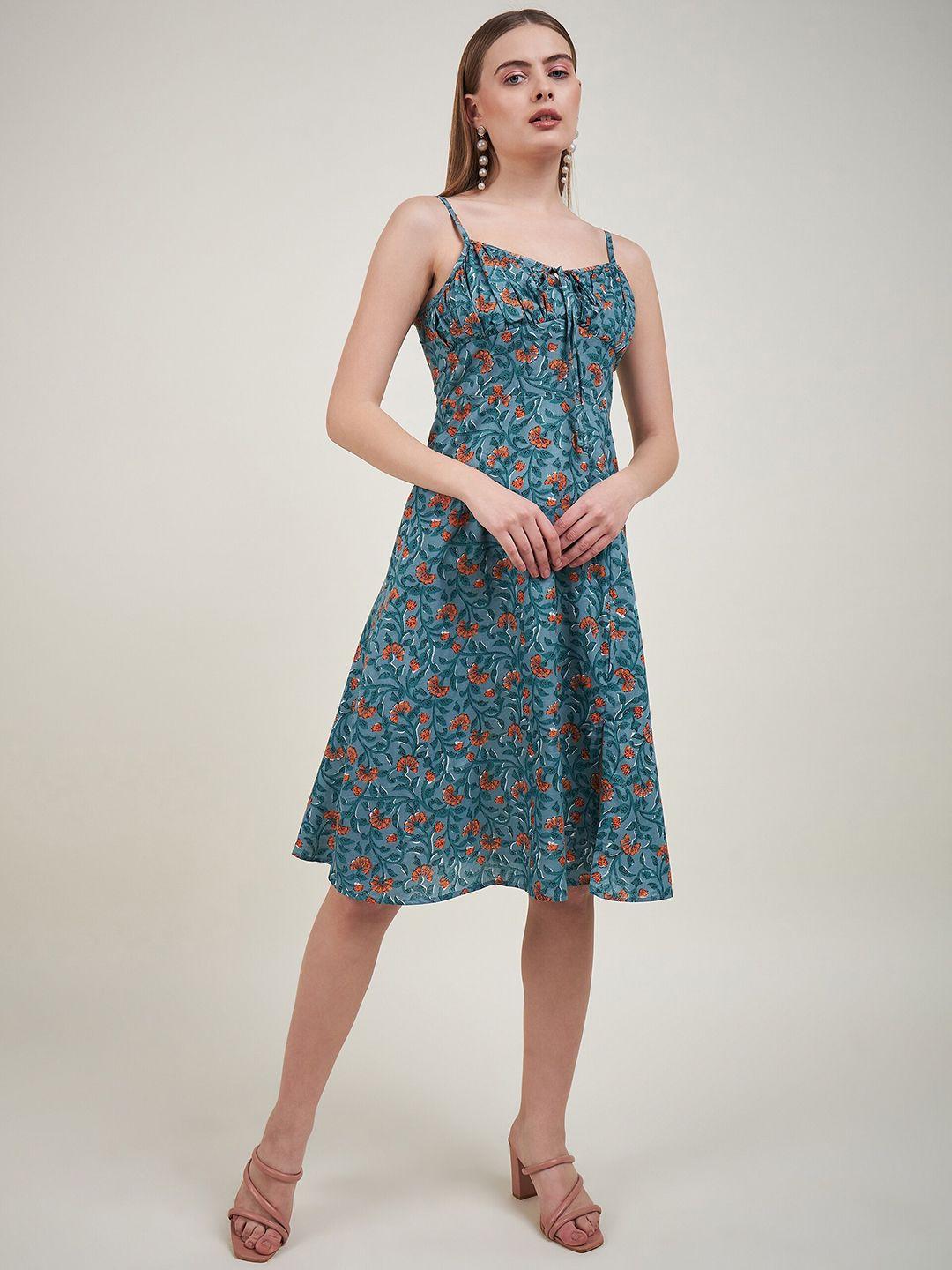 kassually floral print shoulder straps fit & flare cotton midi dress