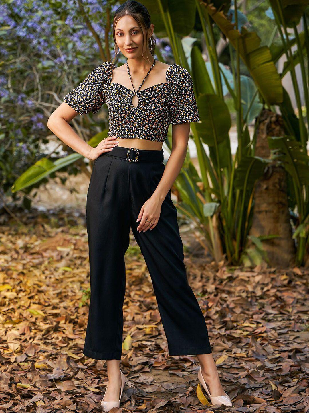 kassually floral printed front knot crop top & trouser co ord set