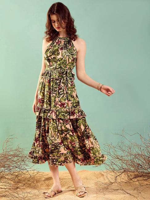 kassually green & beige floral print midi dress