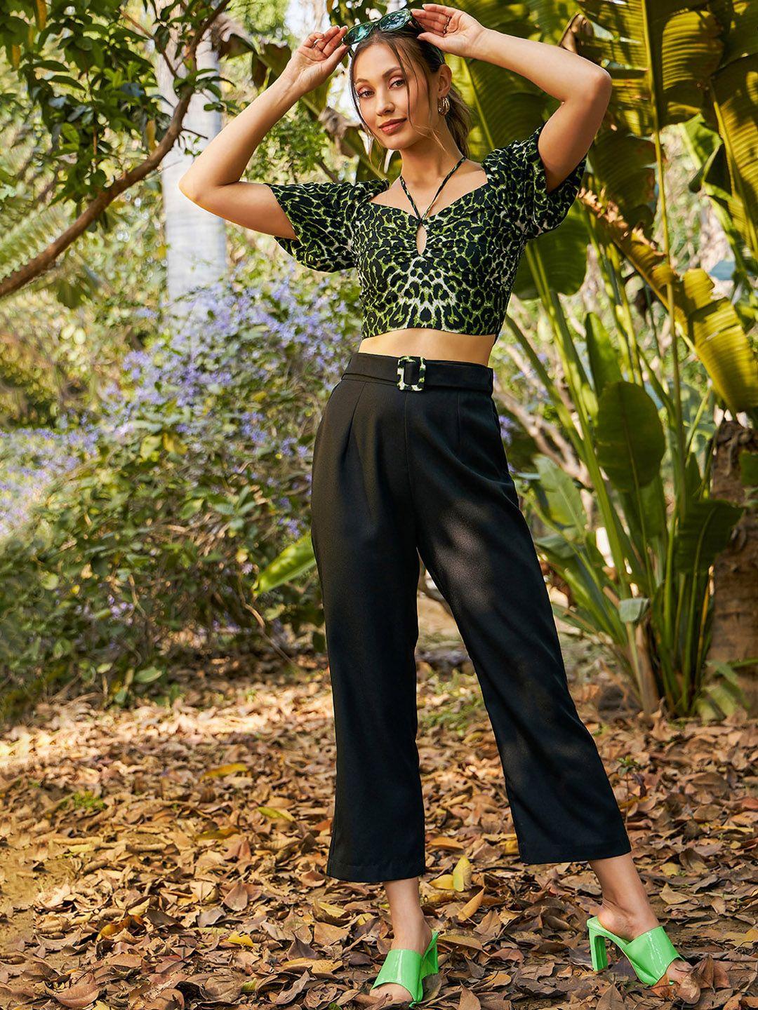 kassually green & black reclaimed romance printed crop top with straight trousers co-ords