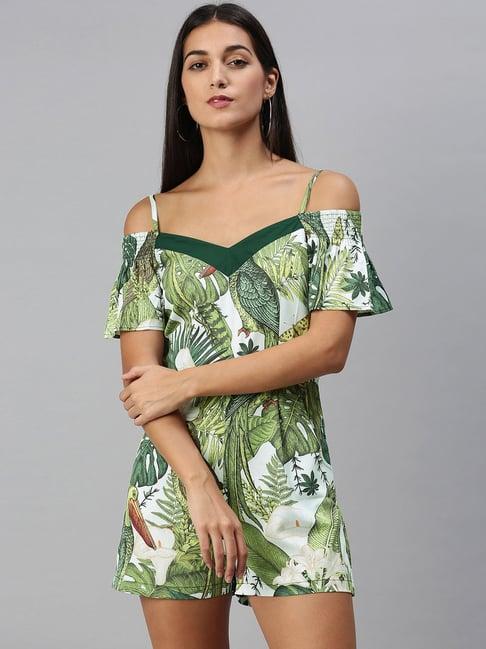 kassually green & white printed playsuit