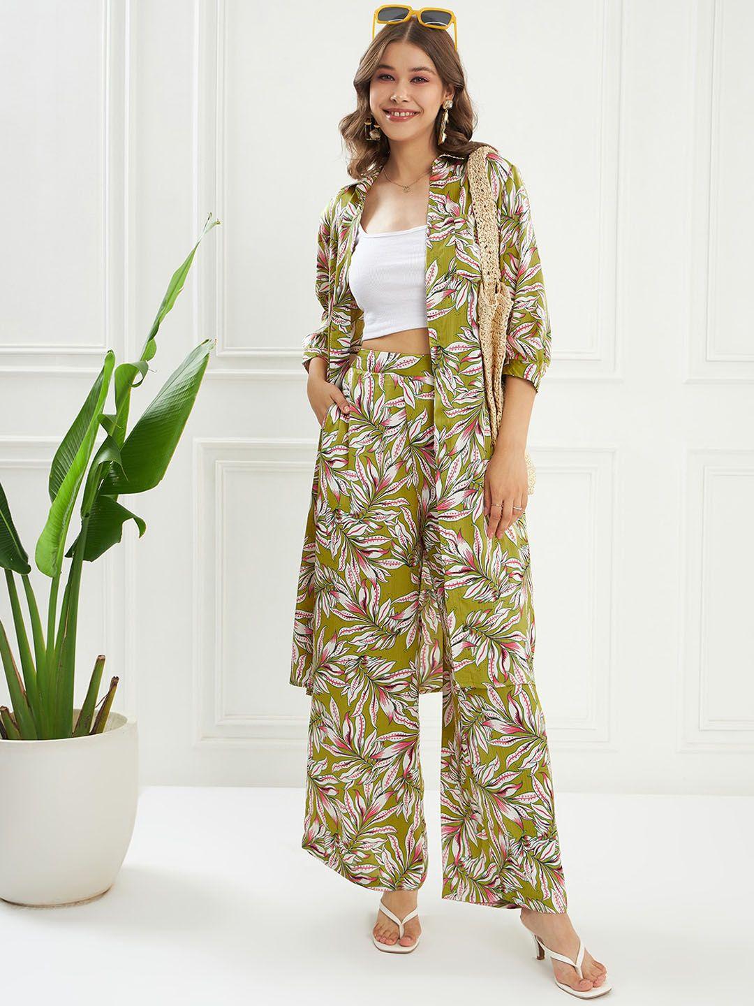 kassually green & white tropical printed long shrug with trouser