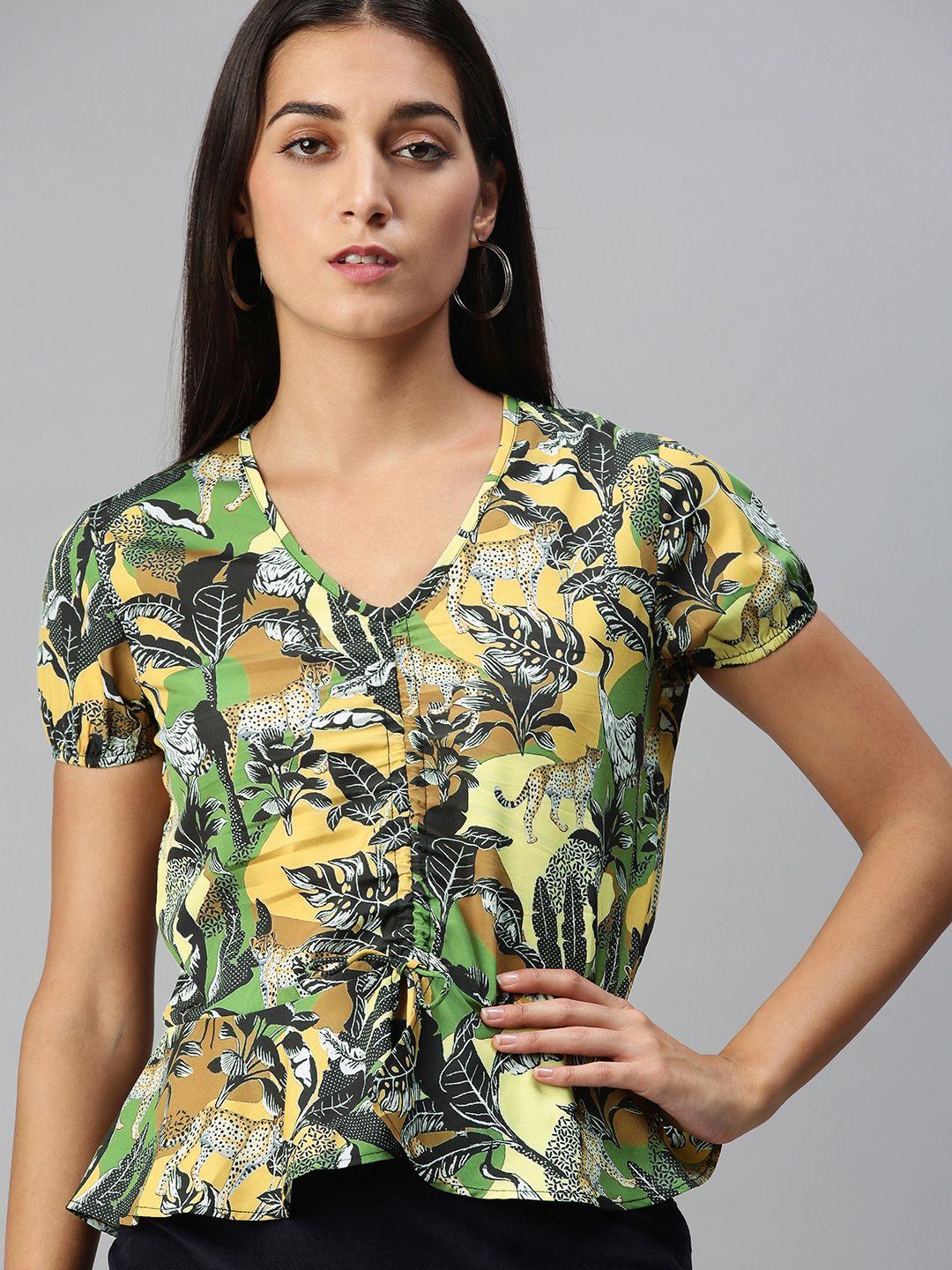 kassually green and yellow tropical print smocked top