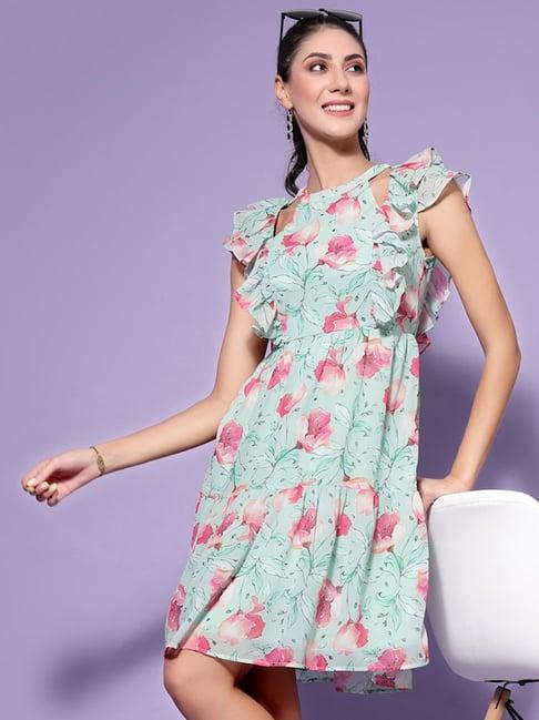 kassually green floral print a line dress