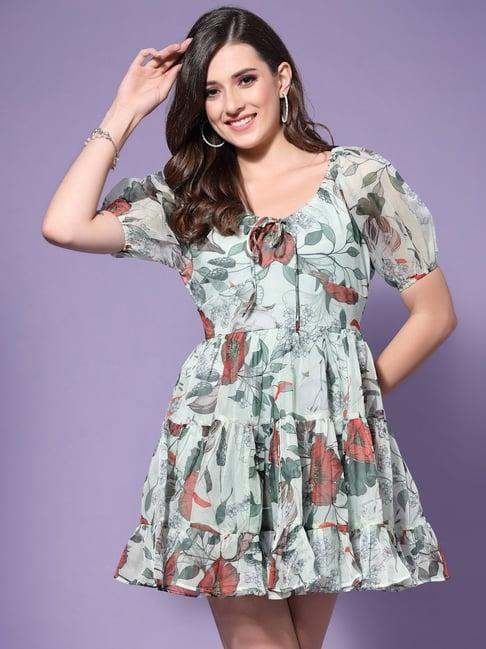 kassually green floral print fit & flare dress