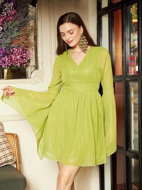 kassually green textured fit & flare dress