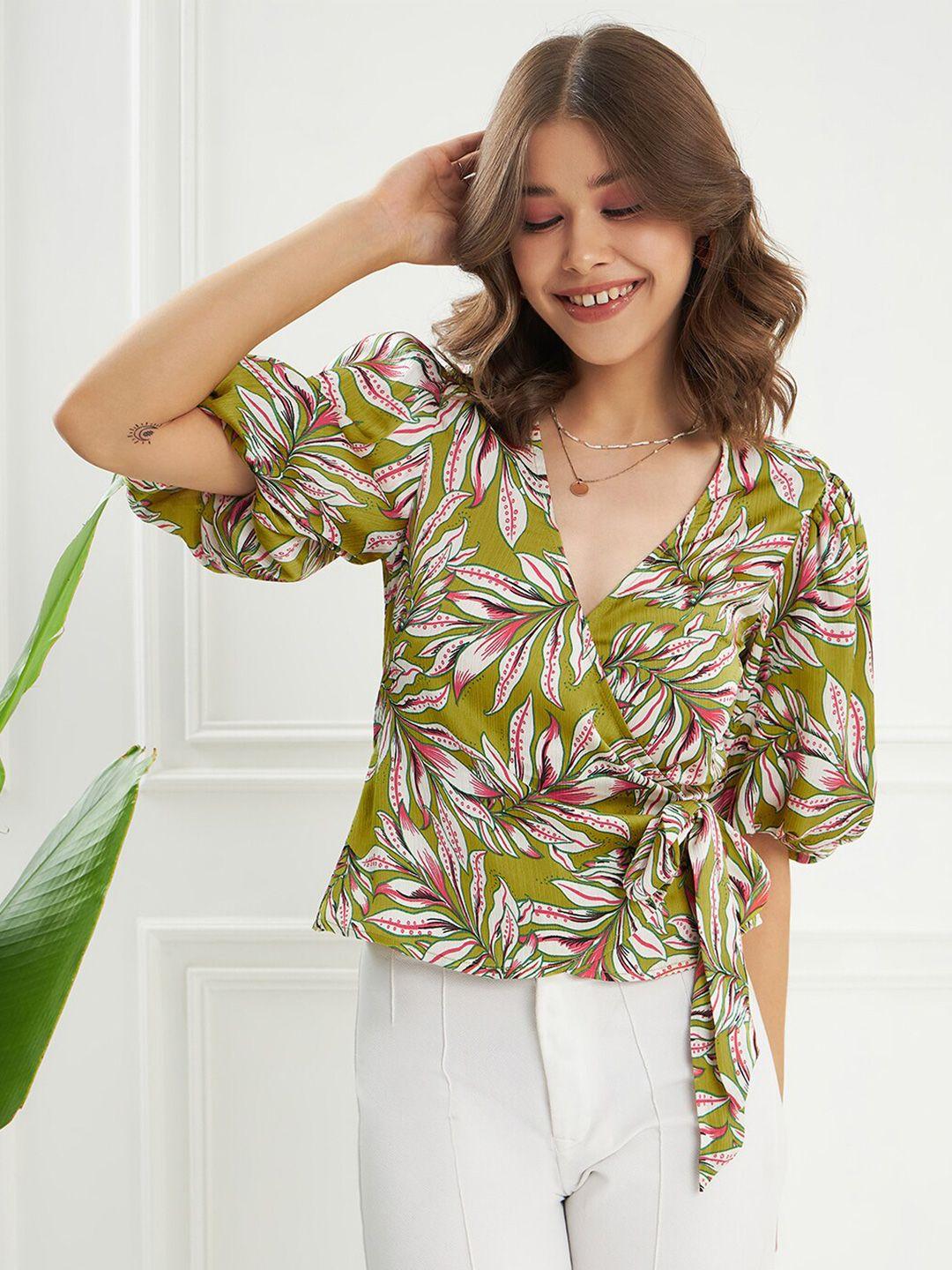 kassually green tropical printed puff sleeves satin wrap top