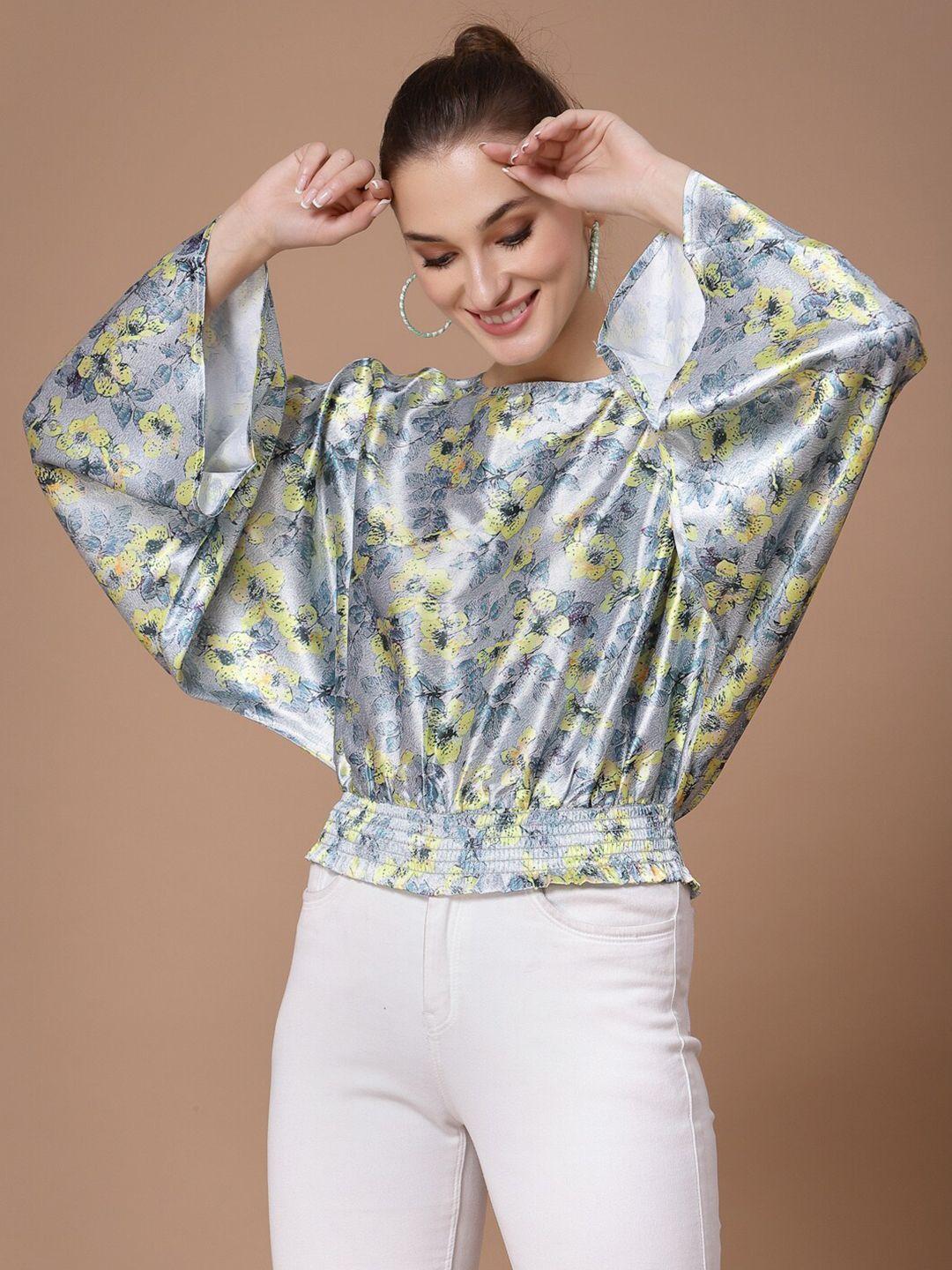 kassually grey & yellow floral print satin cinched waist top