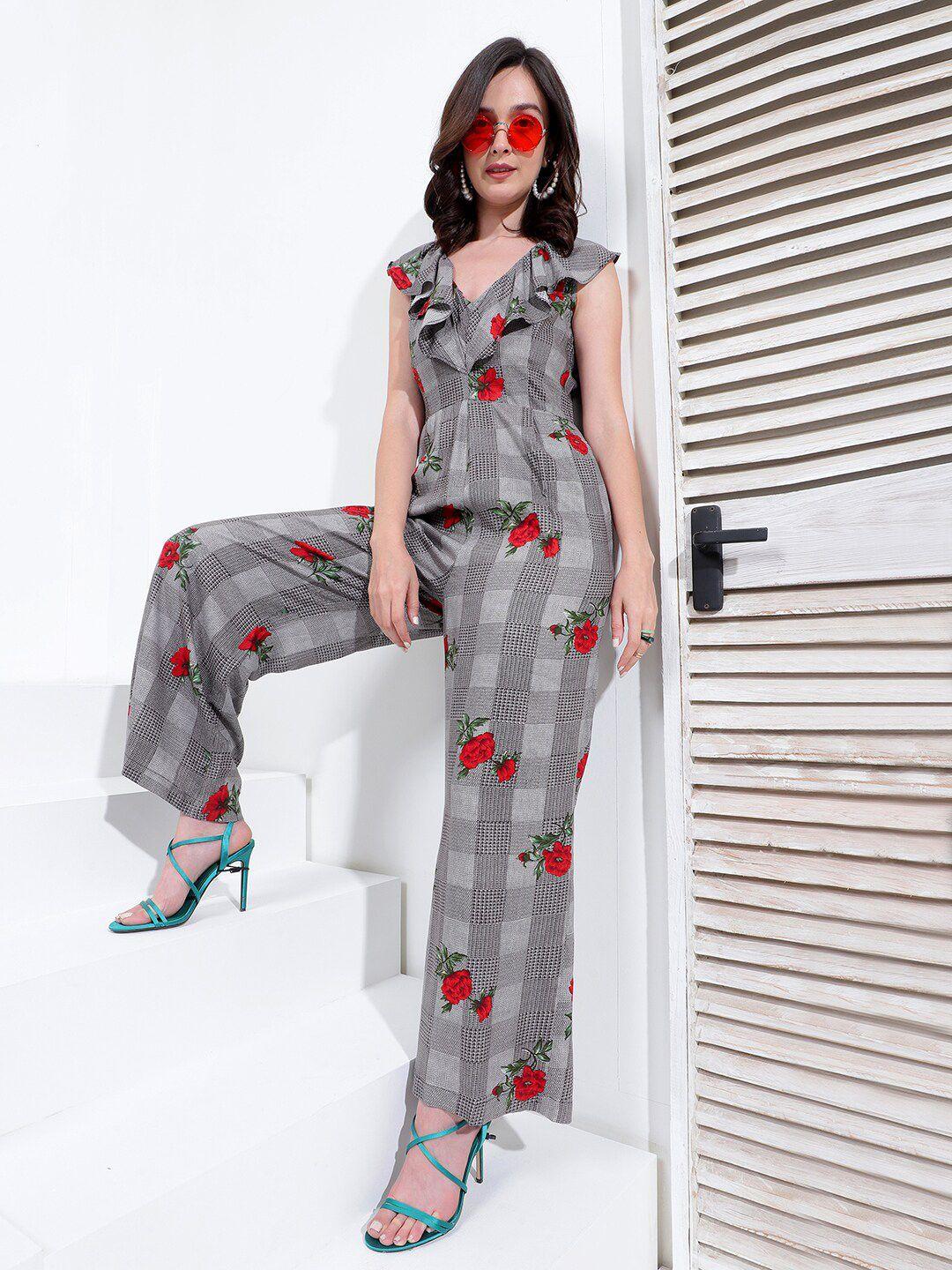 kassually grey and red floral printed ruffled sleeveless pure cotton basic jumpsuit