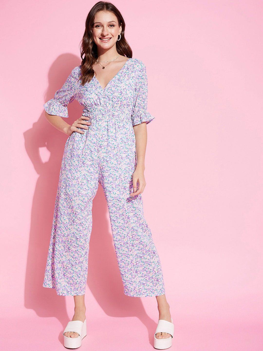 kassually holiyday hype blue & pink floral holiday hype printed waist smocked jumpsuit