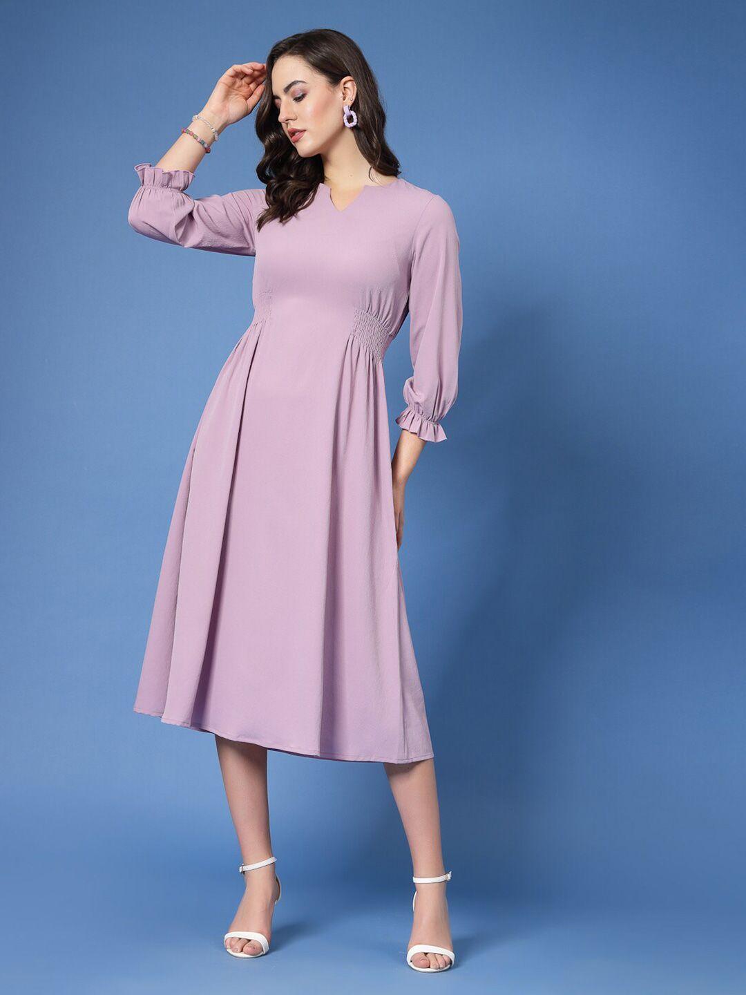 kassually lavender- coloured puff sleeve smocked a-line midi dress