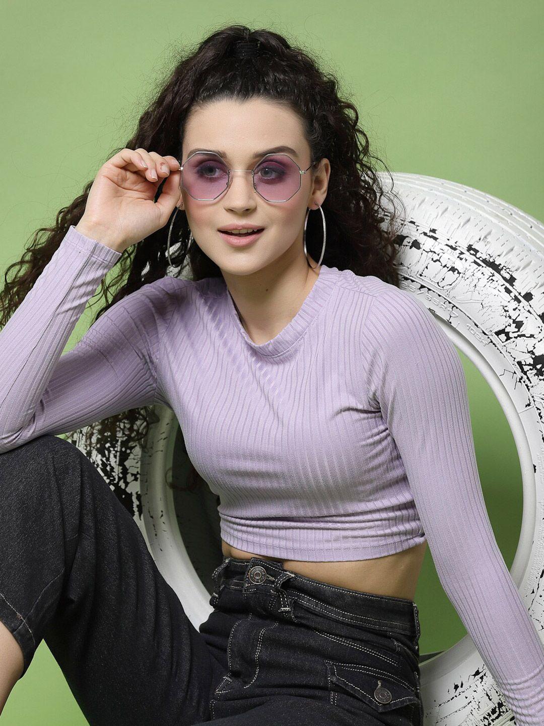 kassually lavender ribbed cut out crop top
