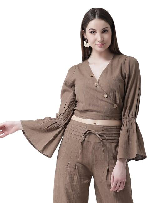 kassually light brown relaxed fit crop top