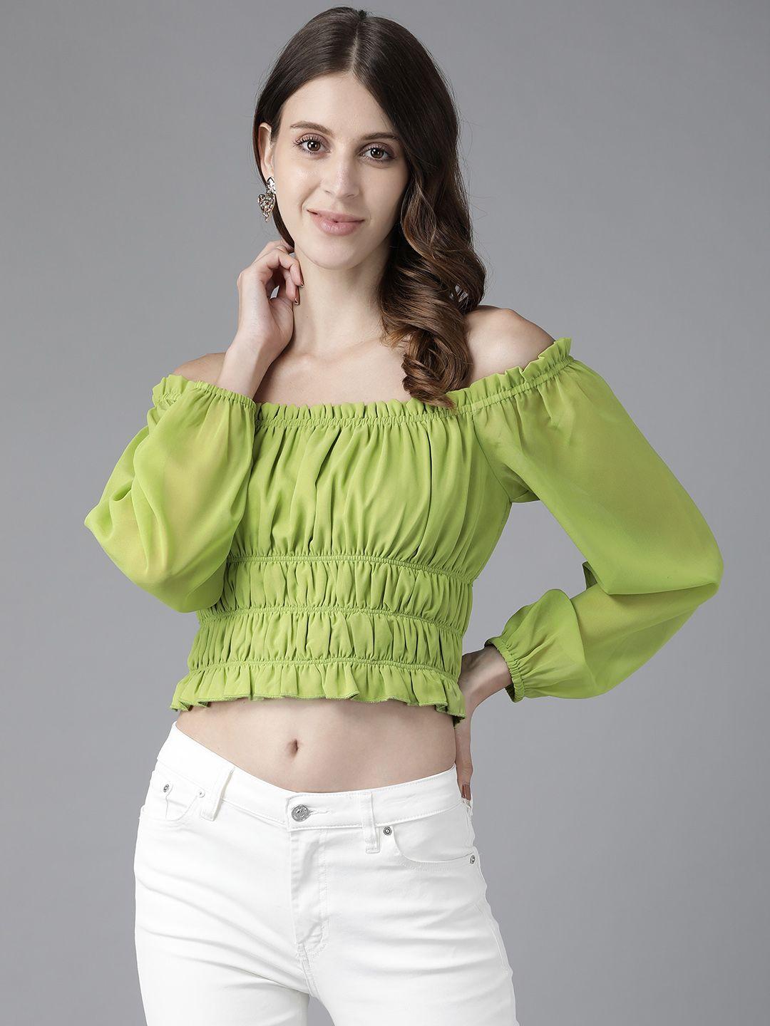 kassually lime green off-shoulder smocked georgette tank crop top