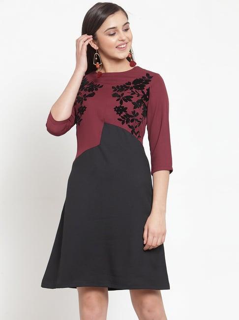 kassually maroon & black floral print a line dress