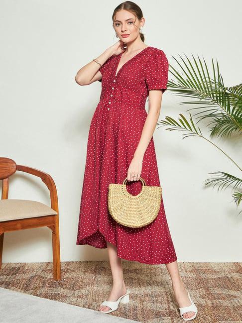 kassually maroon & white cotton printed midi dress