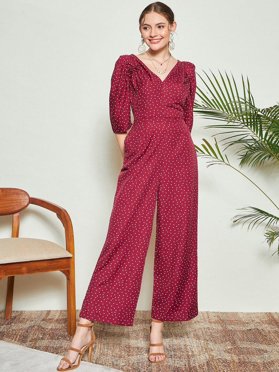 kassually maroon polka dot printed cotton basic jumpsuit