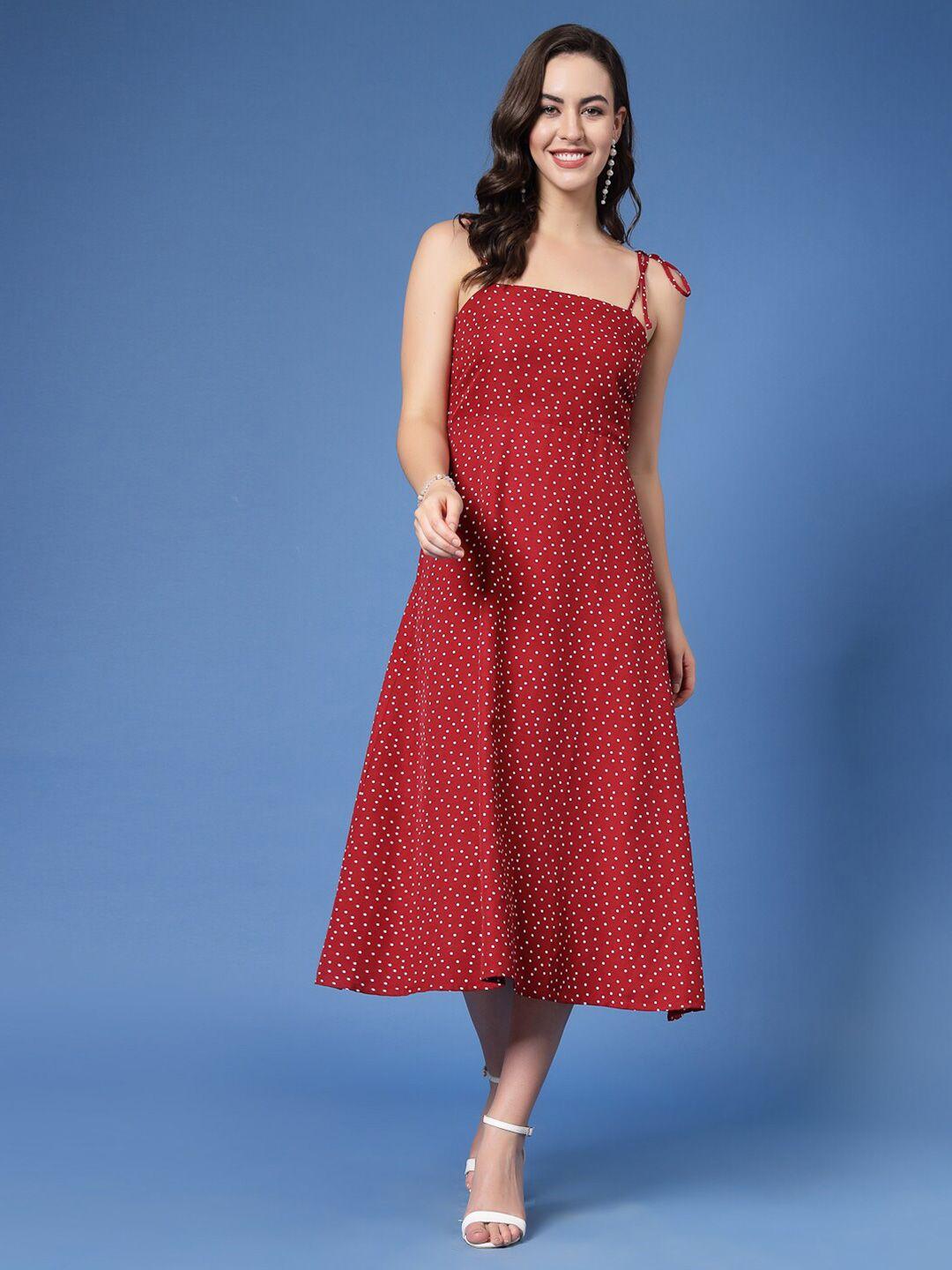 kassually maroon polka dot printed shoulder strap a-line midi dress