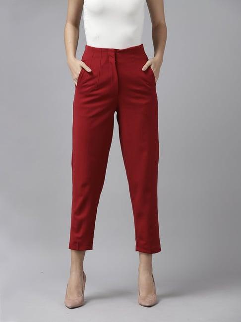 kassually maroon regular fit midi rise trousers