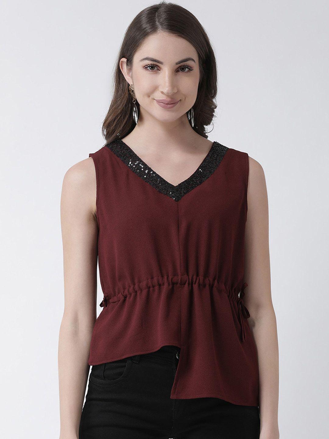 kassually maroon solid cinched waist top