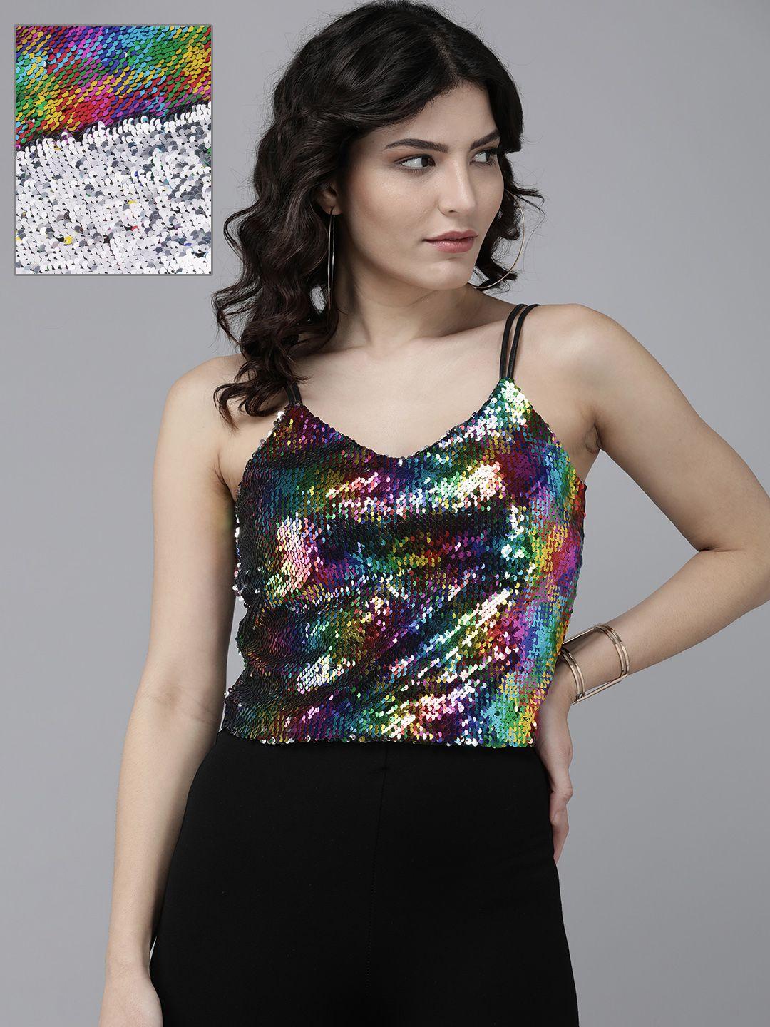 kassually multicoloured flip sequined tank crop top