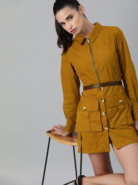 kassually mustard cotton regular fit shirt dress