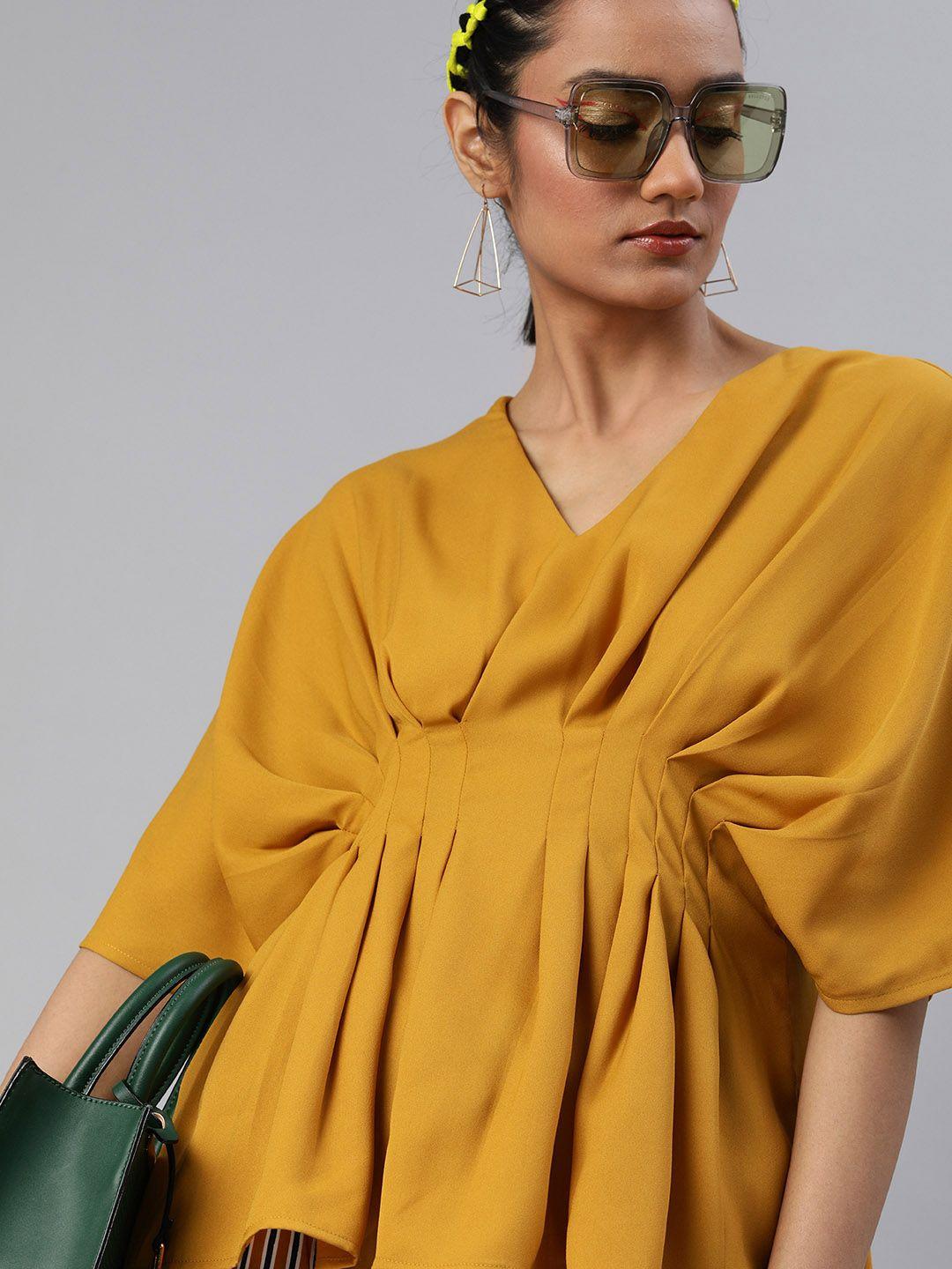 kassually mustard yellow batwing sleeves pleated a-line top