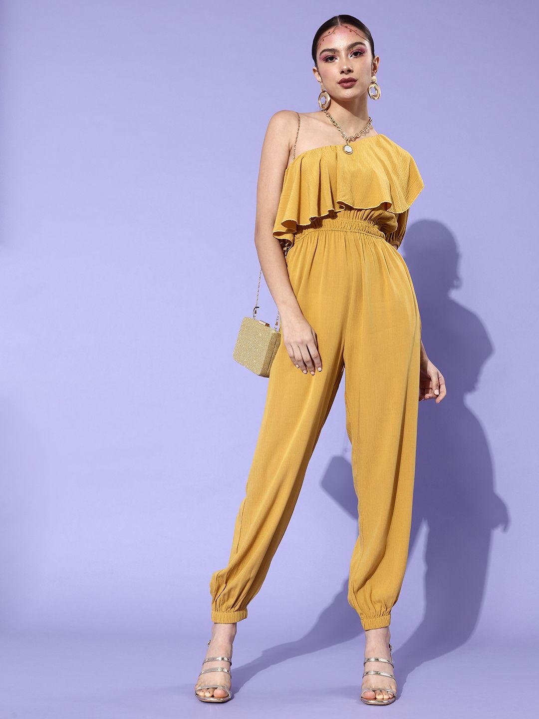 kassually mustard yellow one-shoulder basic jumpsuit