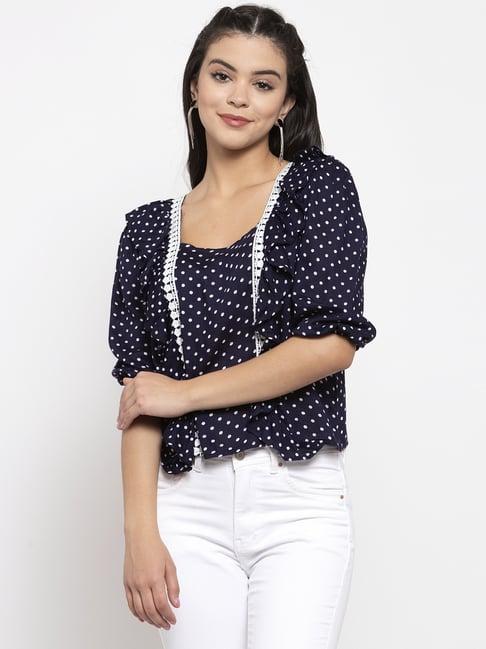 kassually navy & white cotton printed crop top