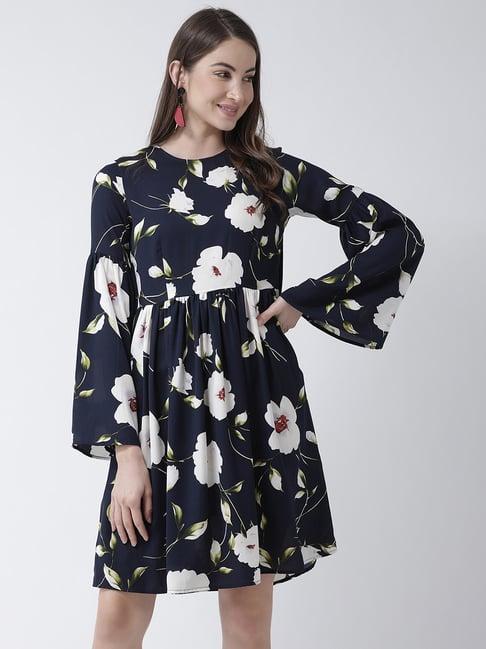 kassually navy & white floral print a line dress