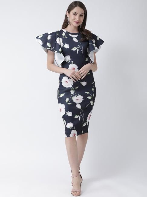 kassually navy & white floral print bodycon dress