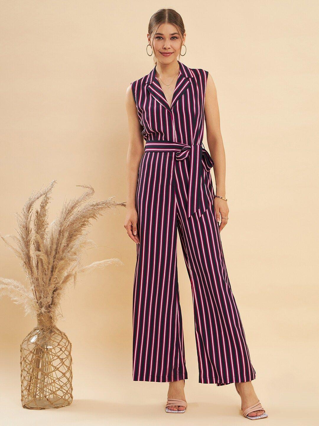 kassually navy blue & white striped basic jumpsuit