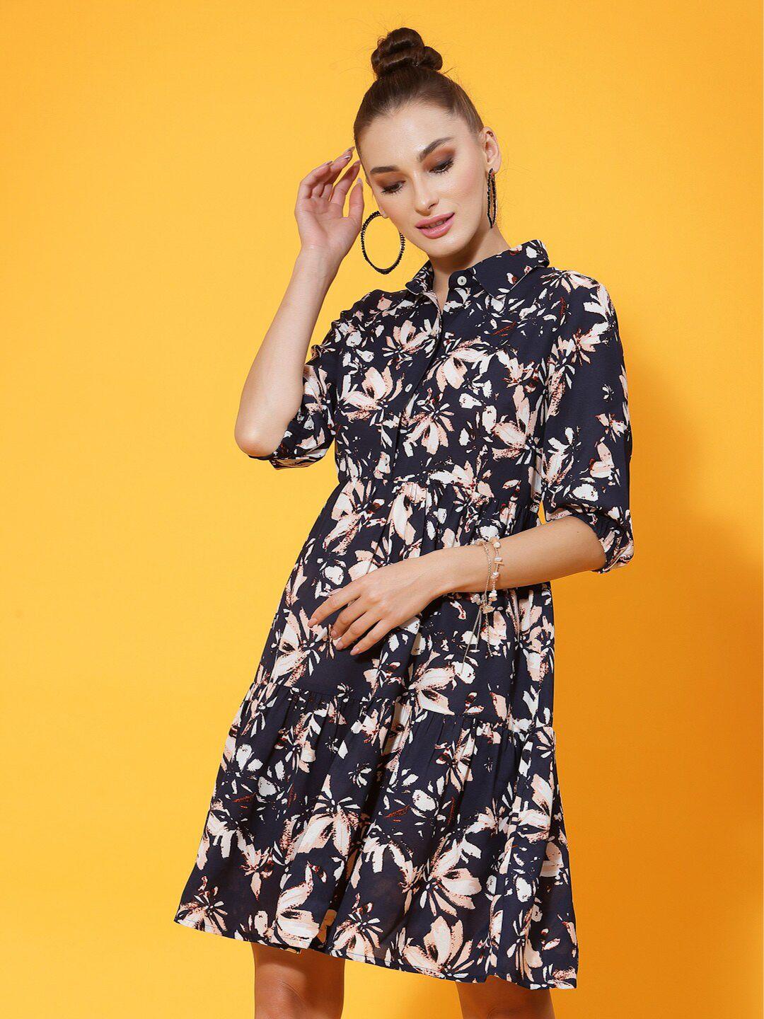 kassually navy blue fit & flare floral dress