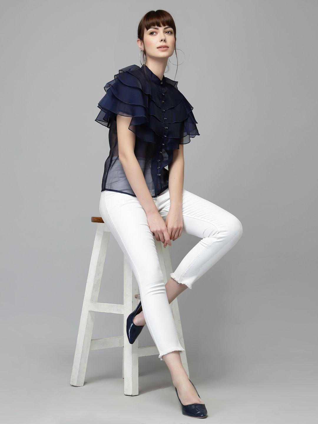 kassually navy blue ruffles shirt style top