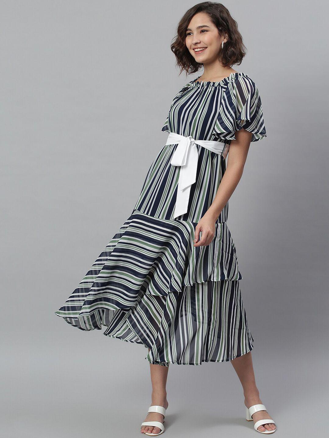 kassually navy blue striped georgette a-line midi dress