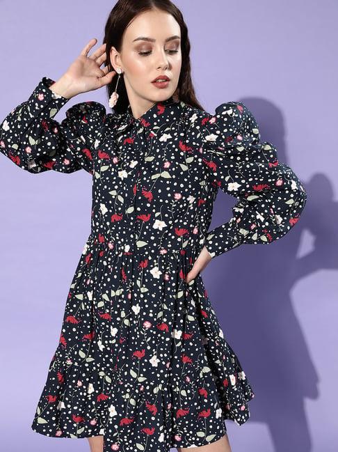 kassually navy cotton floral print fit & flare dress