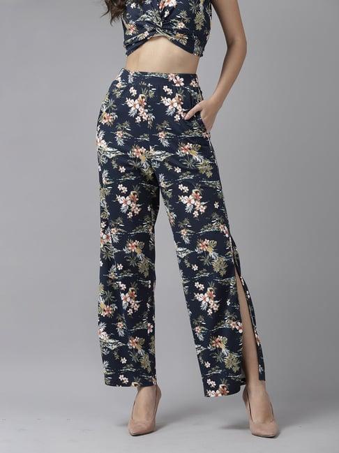 kassually navy floral print mid rise trousers