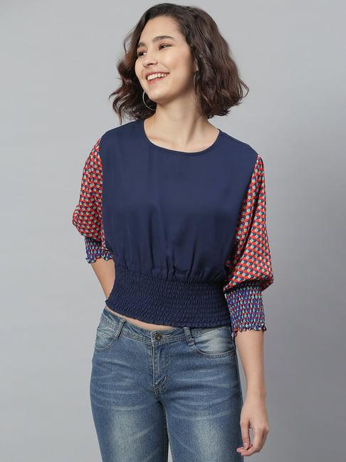 kassually navy printed crop top