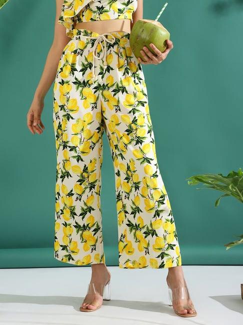 kassually off white & yellow printed regular fit mid rise trousers